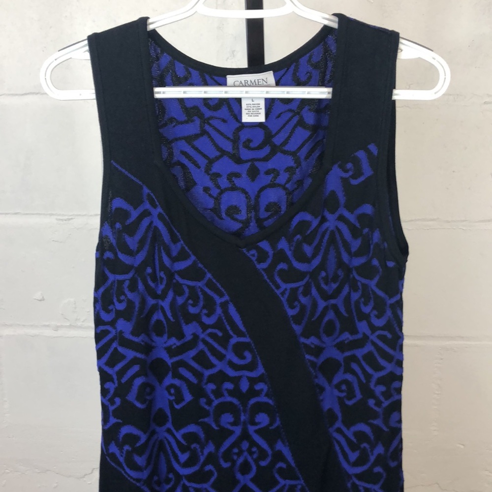 Carmen Marc Valvo Stretch Knit Dress Size L Black Blue Sleeveless #e47